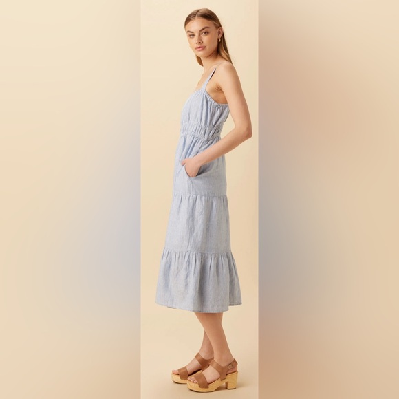 NWT Amour Vert Elio Linen Midi Dress, Blue Natural Stripe - Picture 3 of 11